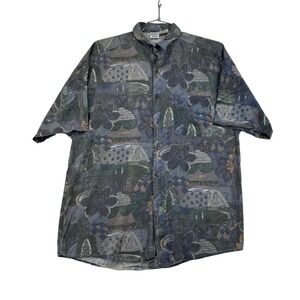Anchor Blue Button Up Shirt Mens XL Blue Vintage 90s Rayon Abstract Floral Print